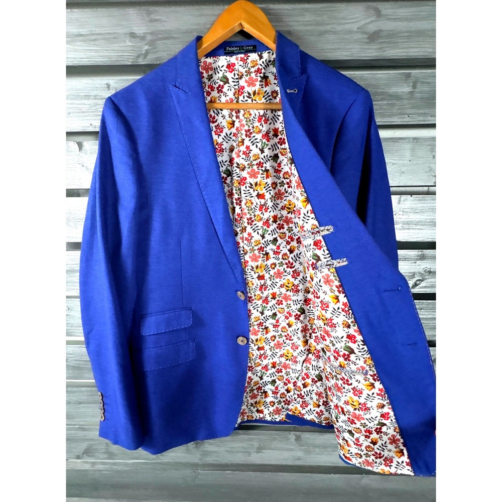 Paisley & Gray Mens Blazer Royal Blue Floral Lining 40R Sport Coat NICE